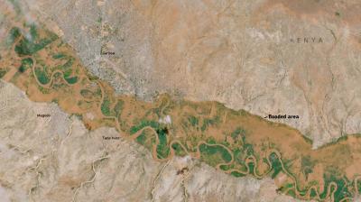 Satellite image showing a flooded area along the tana river in kenya, with distinct green patches indicating vegetation contrasted against arid surroundings.