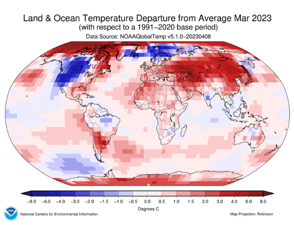 Global map of below and above average temperatures