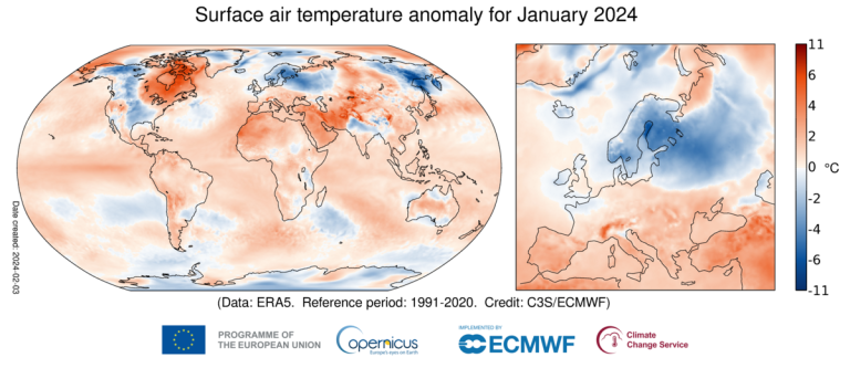 Surface air temperature anomalies for January 2024