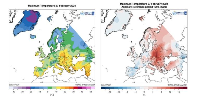 Two maps of europe with different temperatures.