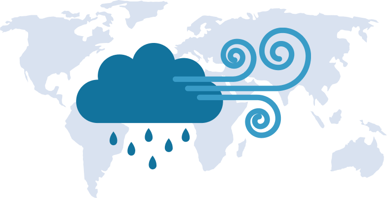 A world map with a cloud and rain falling on it.