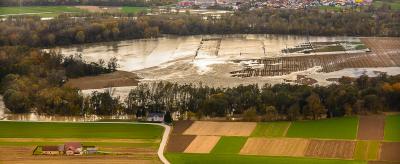 An aerial view of a flooded field.