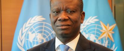 A man in a dark suit and blue tie stands in front of two united nations flags.