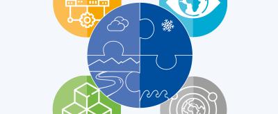 A central blue puzzle circle with weather, water, and landscape icons, surrounded by four colored circles with symbols for data, vision, building blocks, and a global network.