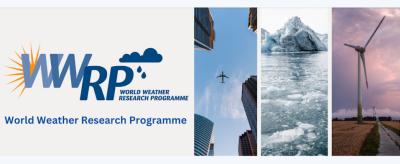 World Weather Research Programme logo with images of a flying plane over buildings, melting icebergs, and wind turbines.