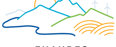 Stylized illustration of mountains, a river, a sun, hills with fields, and two wind turbines above the word "ENANDES.
