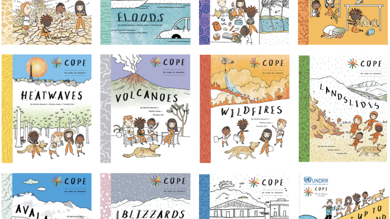 Collection of COPE books featuring illustrations on different natural disasters, including droughts, floods, cyclones, earthquakes, heatwaves, volcanoes, wildfires, landslides, avalanches, blizzards, and storm surges.