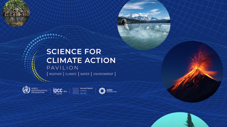 Blue graphic with text "Science for Climate Action Pavilion: Weather, Climate, Water, Environment" featuring images of diverse climates and landscapes including mountains, ice, volcano, and mangroves.
