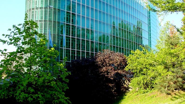 Modern glass office building with a curved facade surrounded by green trees and grass under a clear blue sky.