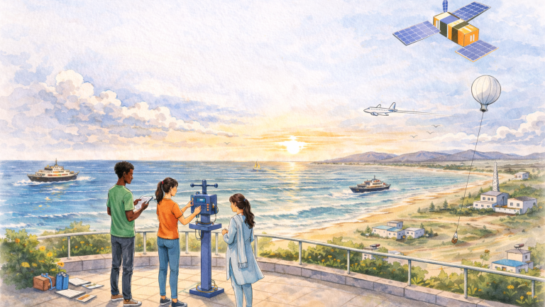 Three people observe the ocean with scientific instruments on a terrace. Ships, a satellite, airplane, and a weather balloon are visible over the water, coastline, and village at sunset.
