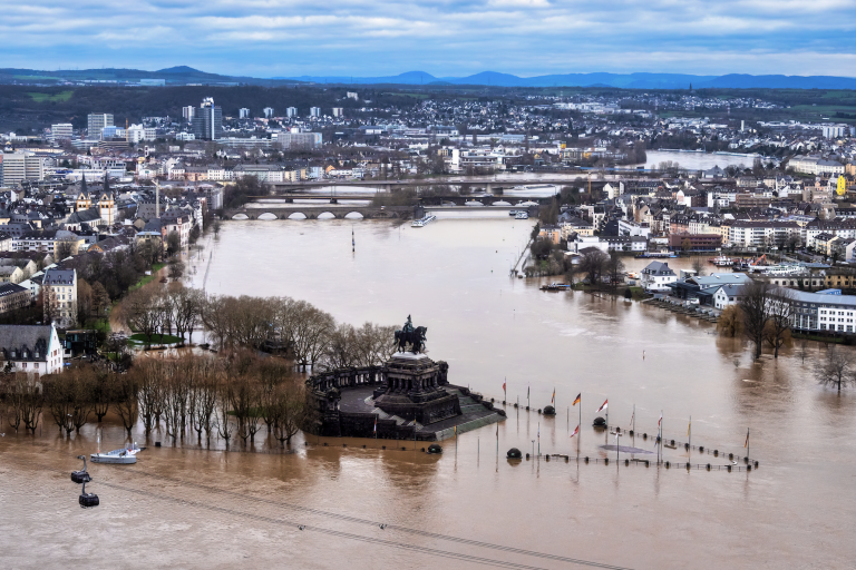 Flooding at Deutsches Eck in Koblenz, Rhineland-Palatinate