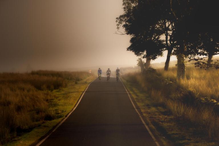 a group of people riding bikes down a road.