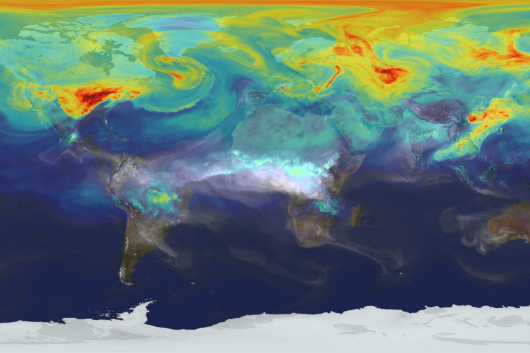 a map of the earth with a very large amount of water showing carbon dioxide concentrations.