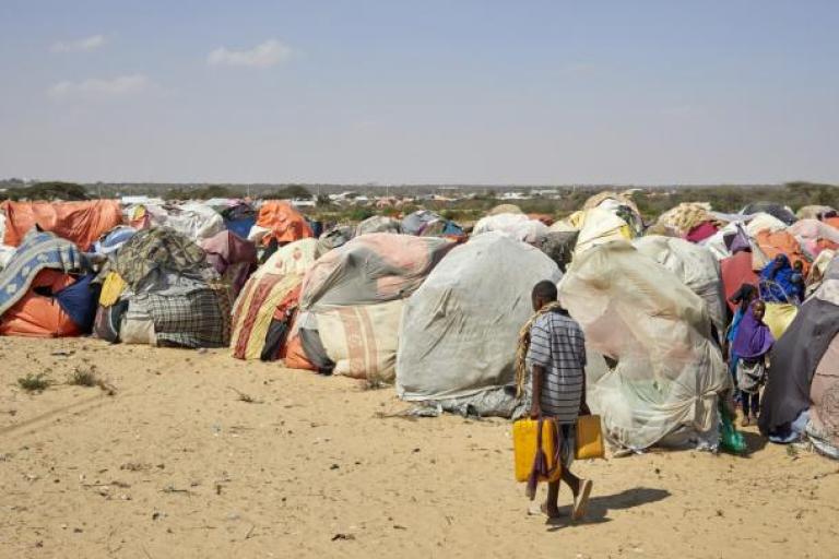 Tents in dusty displacement camp in Somalia 