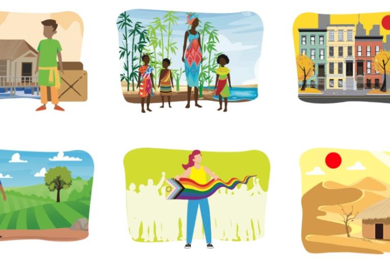 A set of illustrations showing people in different places.