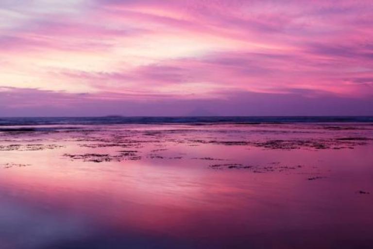 A pink and purple sky is reflected in the water on the beach.