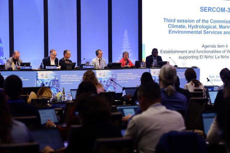 Panelists speaking at the third session of the sercom-3 conference focused on climate, hydrological, and marine services.