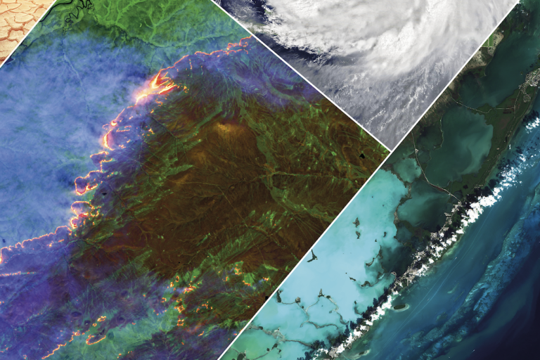 Composite satellite imagery showcasing different environmental conditions and terrains.
