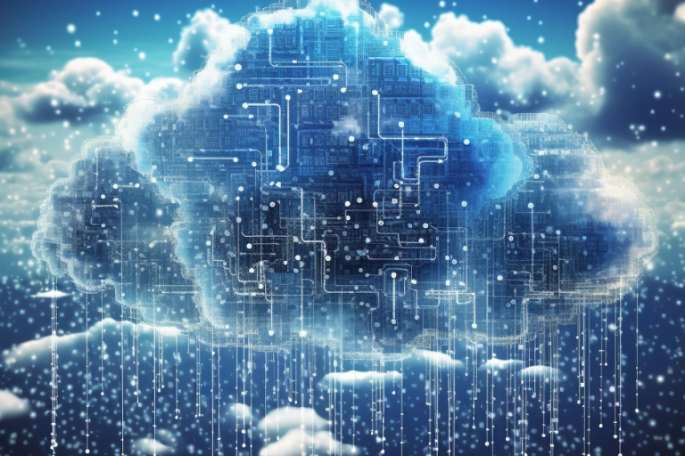 A digital illustration of a cloud embedded with circuit patterns, symbolizing cloud computing, with data streams flowing downward against a starry sky background.