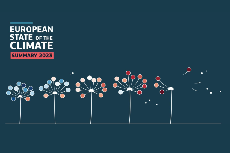 Illustrative graphic for the "european state of the climate summary 2023," depicting stylized trees with circular leaves in varying shades of blue, red, and white.