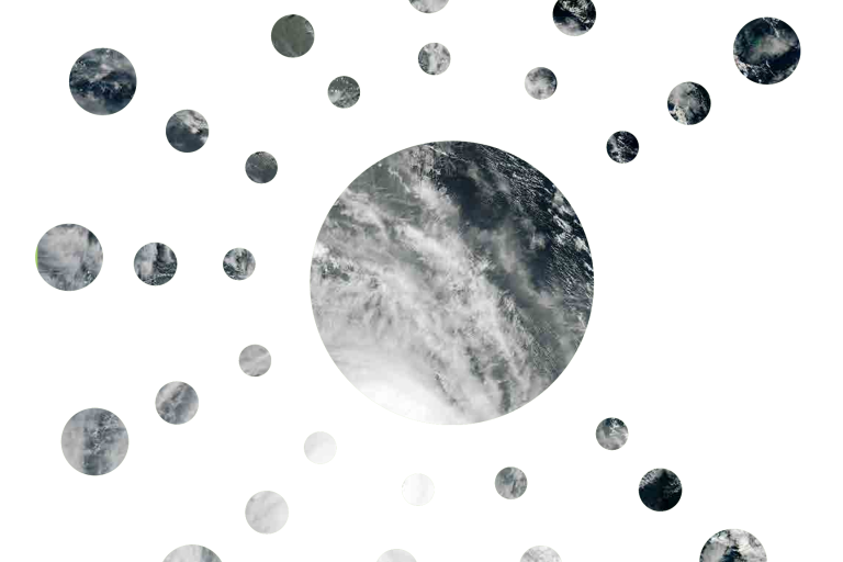 A central large circle with satellite images of clouds surrounded by smaller circles with similar images, arranged against a white background.