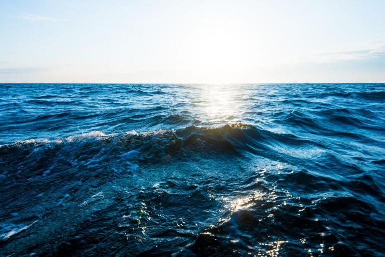 Sunlight reflecting off the wavy surface of a vast ocean under a clear sky.