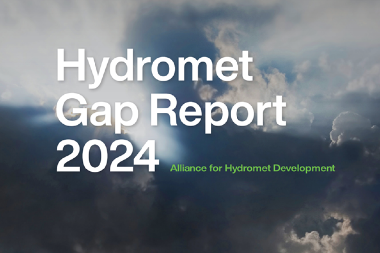 Cover of the Hydromet Gap Report 2024 by the Alliance for Hydromet Development, featuring a cloudy sky with a beam of sunlight breaking through.