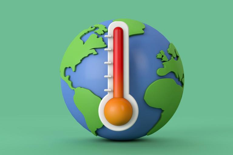 Illustration of a globe with a large thermometer showing a high temperature, symbolizing global warming.