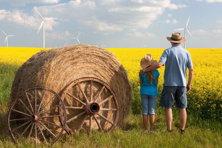 A man and a child stand in a field of yellow flowers next to a large hay bale on wheels, overlooking wind turbines in the distance.