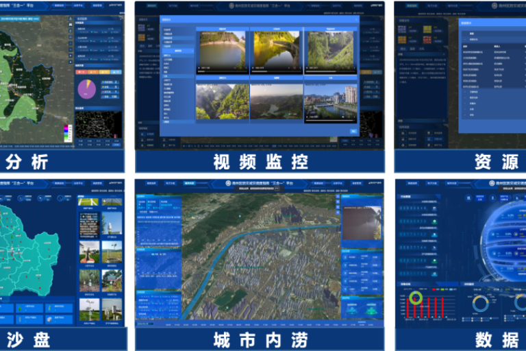 Screenshot grid of six different blue-themed control and analysis interfaces with Chinese text, displaying maps, charts, live video feeds, and data visualization dashboards.
