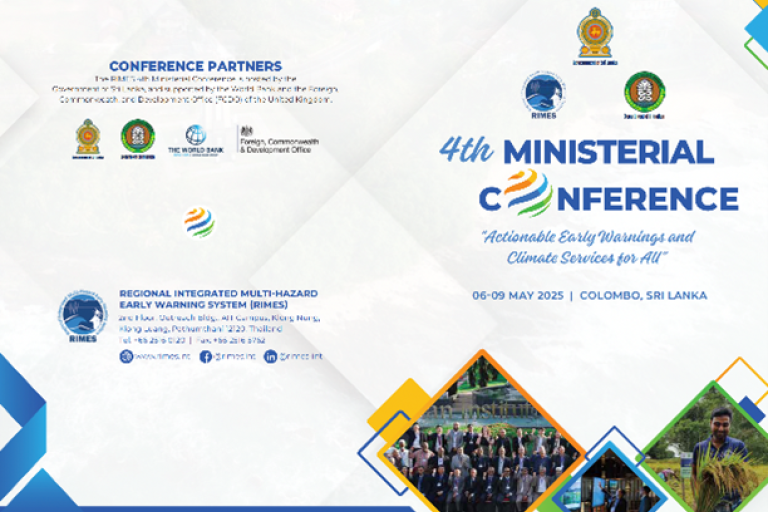 Promotional poster for the 4th Ministerial Conference on Early Warnings and Climate Services, taking place 6-9 May 2025 in Colombo, Sri Lanka, with logos and a group photo.