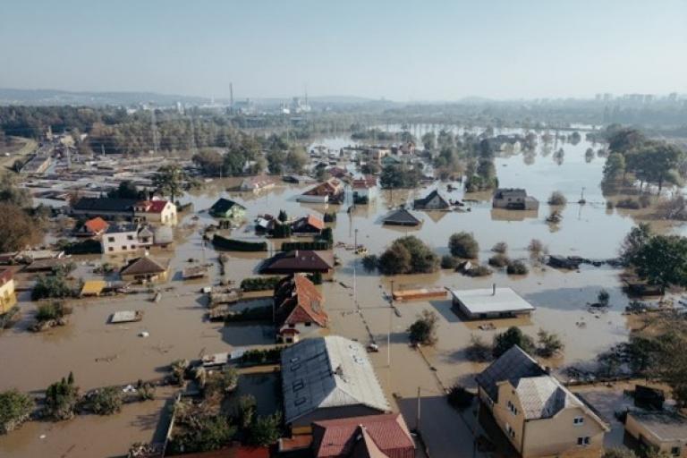 Aerial view of a residential area heavily flooded, with houses partially submerged and trees surrounded by water.