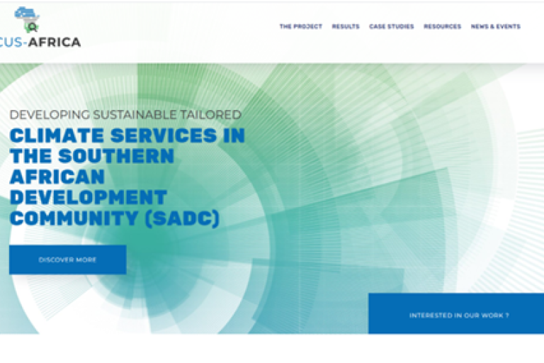 Screenshot of the FOCUS-AFRICA website homepage highlighting climate services in the Southern African Development Community (SADC) with navigation menus and call-to-action buttons.