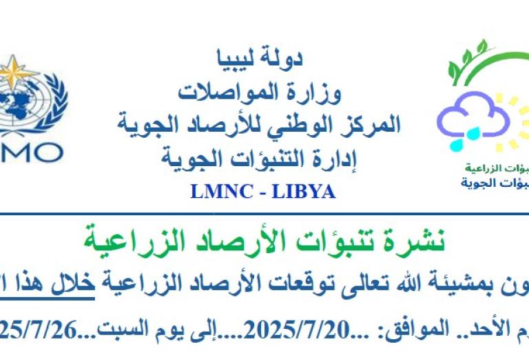 A weather bulletin banner from the Libyan National Meteorological Center, showing the WMO and agriculture department logos, with Arabic text announcing agricultural forecasts for July 20-26, 2025.