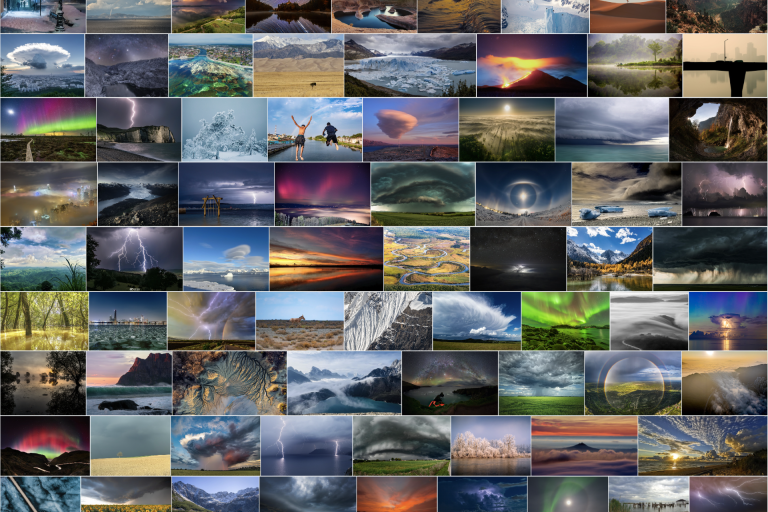 A collage of diverse landscape and weather phenomena, including storms, mountains, auroras, deserts, glaciers, and sunsets in various natural environments.