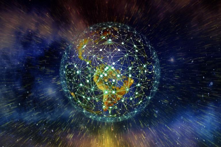 A digital illustration of Earth surrounded by interconnected lines and nodes, representing global communication or a network, with a space-themed background.