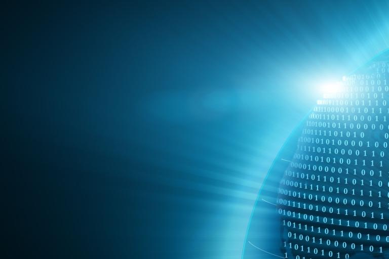 A digital sphere covered in binary code is illuminated by a bright light against a blue background, symbolizing technology and data.