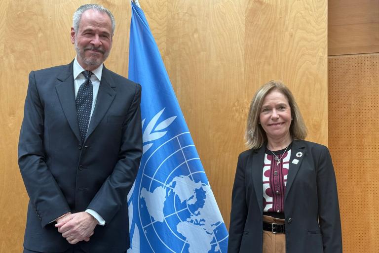 Two people in business attire stand next to a blue United Nations flag, posing for a photo against a wooden wall background.
