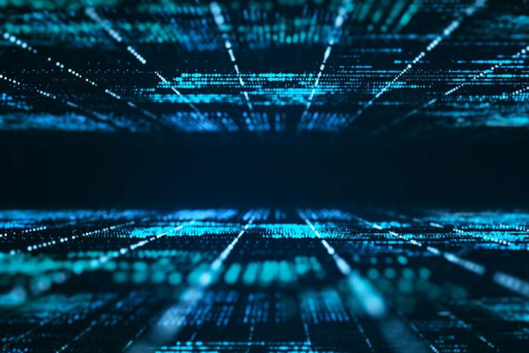 Abstract digital background featuring blue and teal lines and dots forming a grid pattern, creating a sense of depth and perspective, representing data or technology.