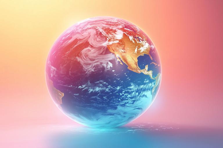A digitally rendered image of Earth showing North and South America, with vivid, colorful lighting and a gradient background.