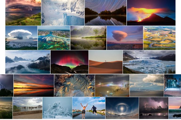 A collage of 30 photographs displaying diverse natural phenomena, including storms, auroras, glaciers, volcanic eruptions, and unique cloud formations in various landscapes.