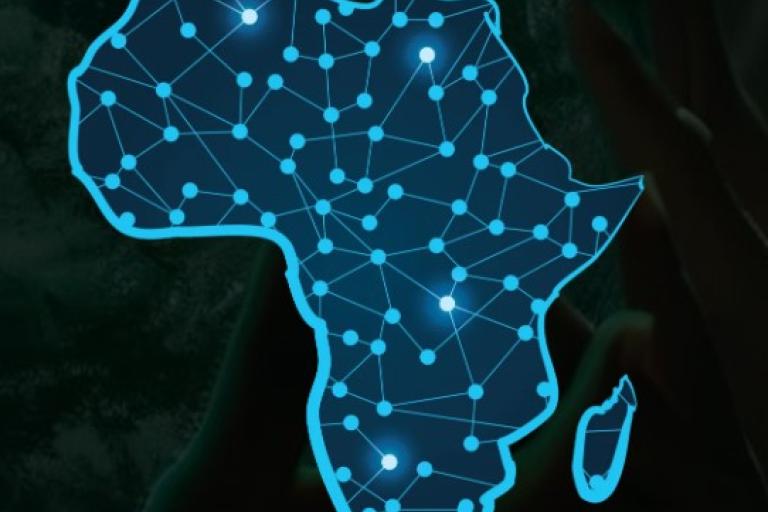 A digital map of Africa with interconnected blue nodes and lines, symbolizing a network or connectivity across the continent.
