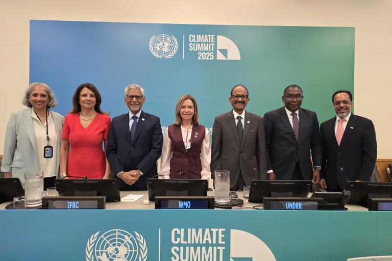 Seven delegates stand behind a table at the Climate Summit 2025, with UN and organization logos displayed on the wall and table in a conference room setting.