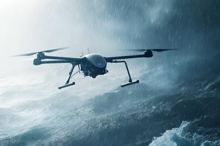 Drone in storm over roiling waters