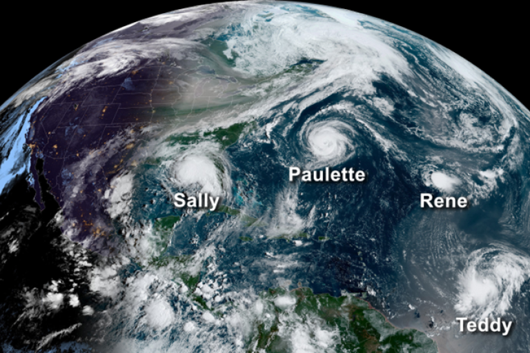 Satellite image of the Atlantic Ocean showing five named storms: Sally, Paulette, Rene, Teddy, and Vicky, with each storm labeled over its location.