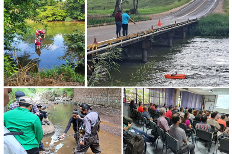 Collage showing people conducting water testing in rivers and streams, using equipment on a bridge, and attending a presentation in a classroom setting.