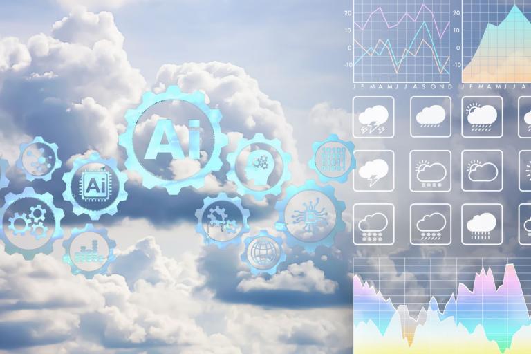 Cloudy sky background with digital gears labeled "AI" and weather icons, graphs, and data charts overlayed, representing artificial intelligence in weather forecasting.