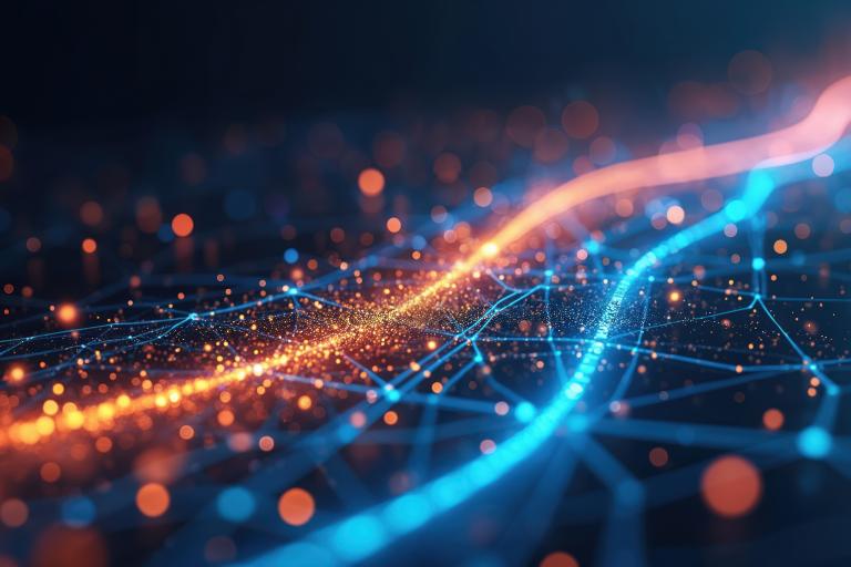 Abstract graphic showing glowing blue and orange data streams flowing across a network of connected nodes, conveying digital connectivity, information flow and collaboration.