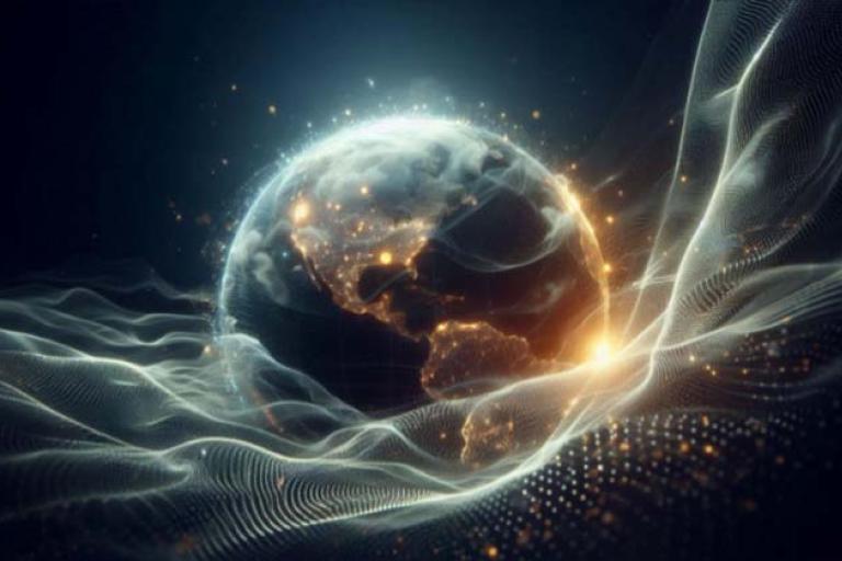 A digital rendering of Earth with illuminated continents is surrounded by glowing, flowing lines representing data or energy networks.