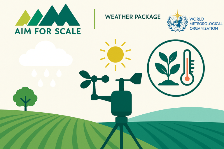 Illustration of a weather station in a field with icons for sun, rain, and plant growth, alongside the World Meteorological Organization and AIM for Scale logos.